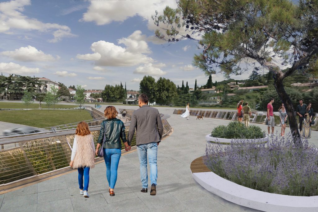 Pomemben del prihodnje ureditve bo osrednja promenada, ki bo naselje povezovala z morjem, ter nov pomol in pristanišče za javni potniški promet. (Vizualizacija: Cestno-prometna strategija Občina Ankaran 2020-2025)